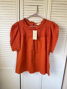 Solitaire Burnt Orange Eyelet Puff-Sleeve Blouse